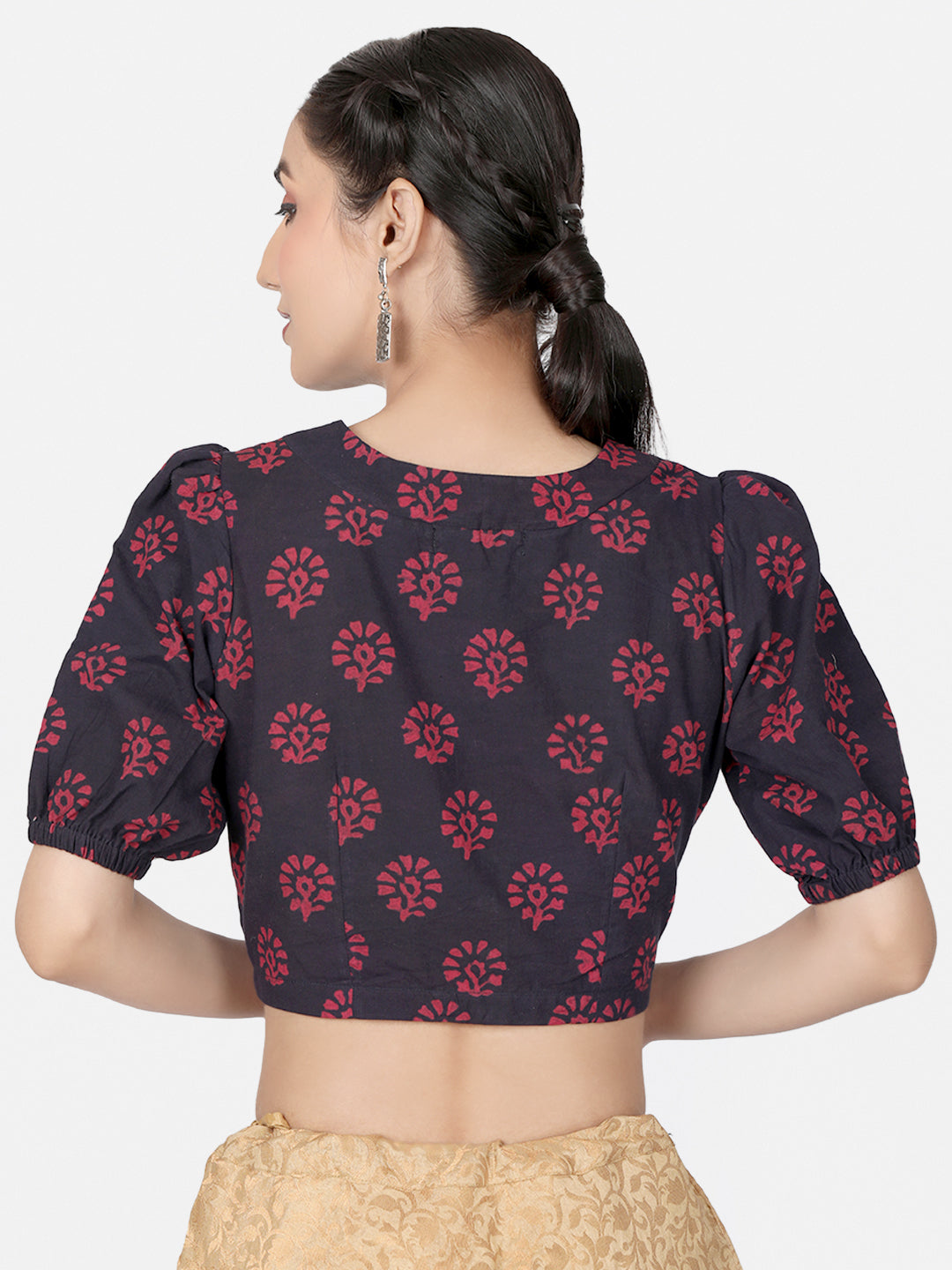 Maroon Block Printed Cotton Saree Blouse