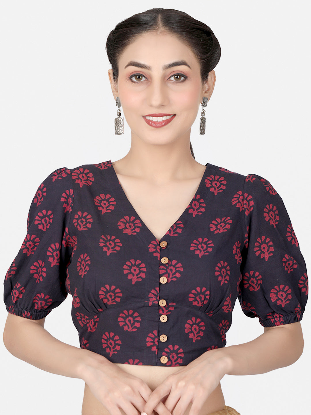 Maroon Block Printed Cotton Saree Blouse