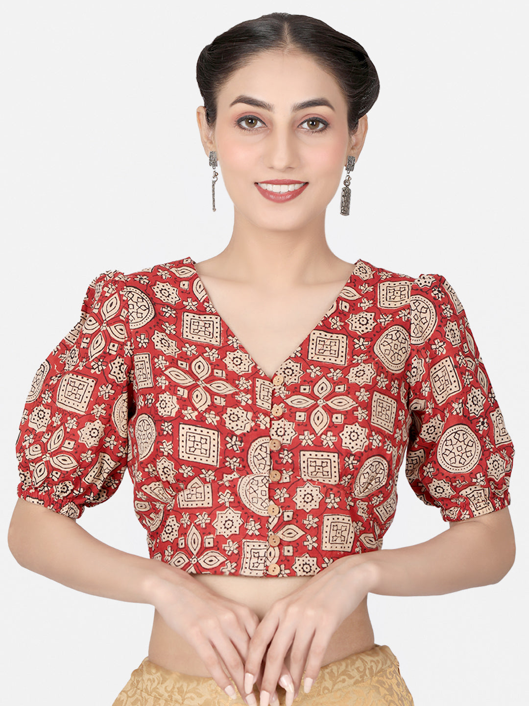 Red Block Printed Cotton Ready To Wear Saree Blouse