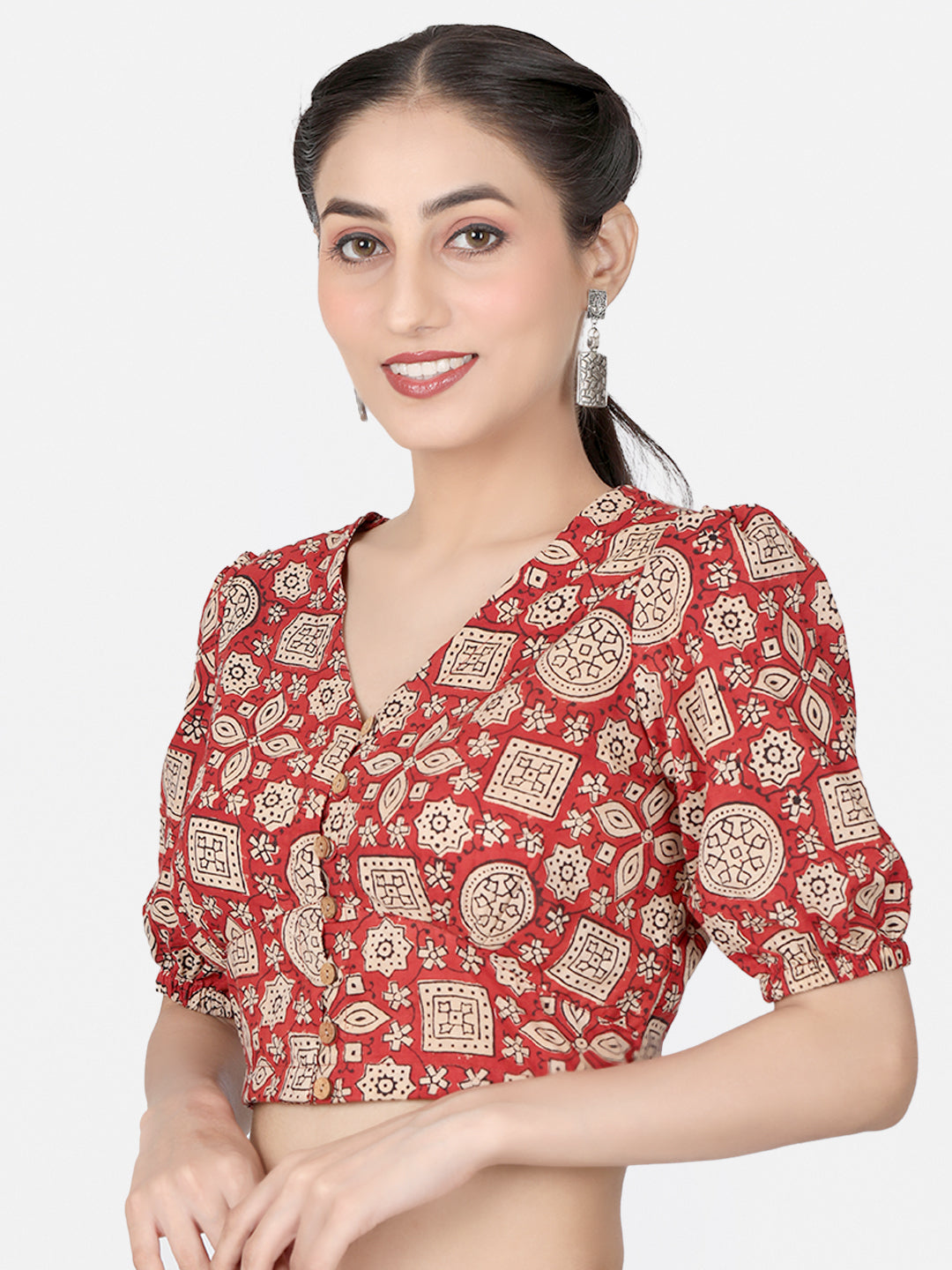 Red Block Printed Cotton Ready To Wear Saree Blouse