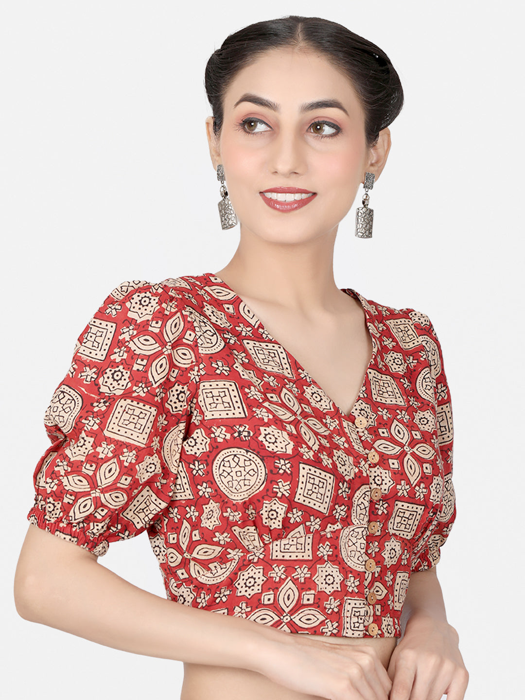 Red Block Printed Cotton Ready To Wear Saree Blouse