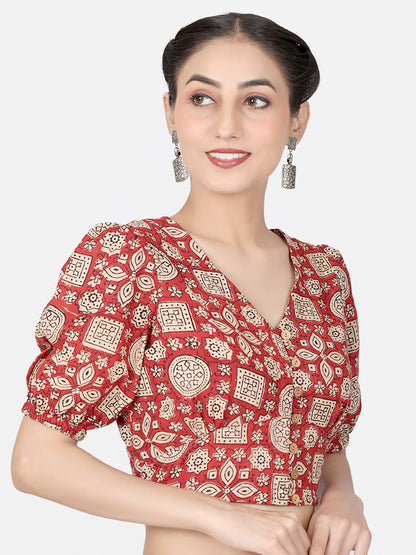 Red Block Printed Cotton Ready To Wear Saree Blouse