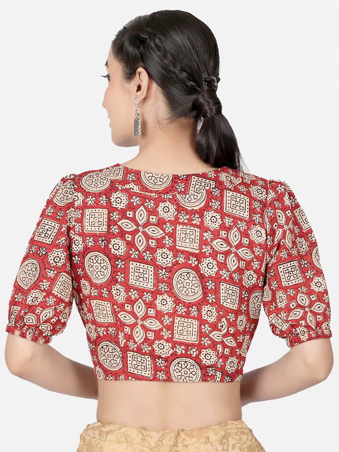Red Block Printed Cotton Ready To Wear Saree Blouse
