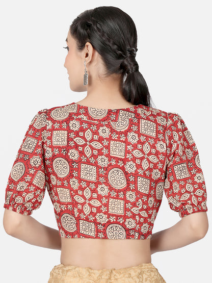 Red Block Printed Cotton Ready To Wear Saree Blouse