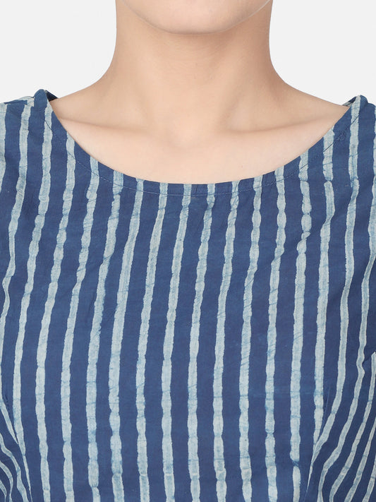 Blue Striped Block Printed Cotton Ready To Wear Saree Blouse