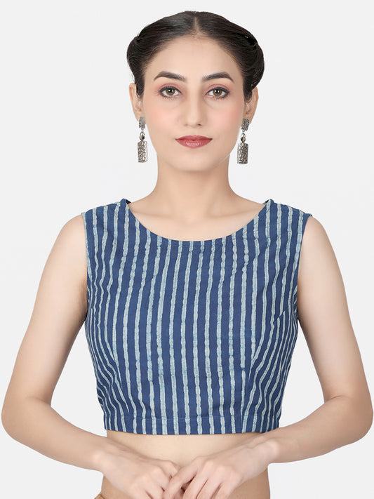 Blue Striped Block Printed Cotton Ready To Wear Saree Blouse