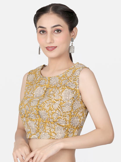 Mustard Block Printed Cotton Ready-to-Wear Saree Blouse.