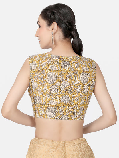 Mustard Block Printed Cotton Ready-to-Wear Saree Blouse.