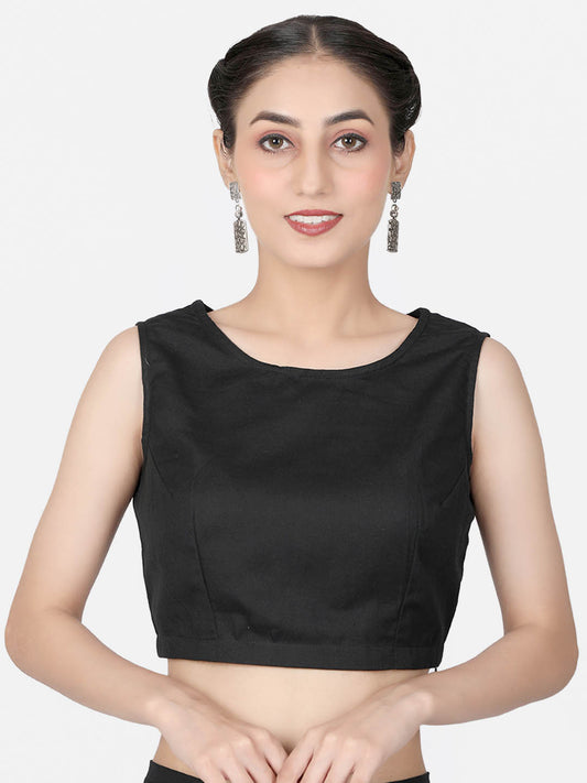 Women  Black solid Cotton Ready To Wear Non Padded Saree Blouse