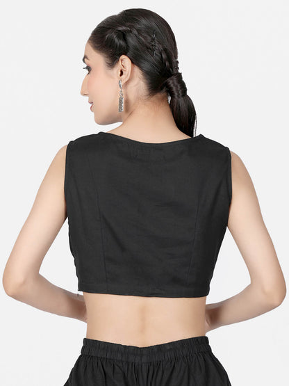 Women  Black solid Cotton Ready To Wear Non Padded Saree Blouse