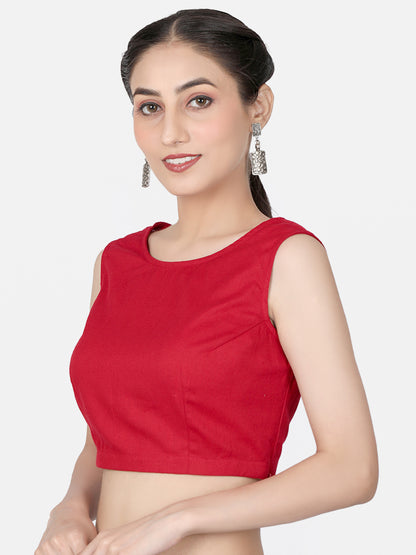Red Solid Cotton Saree Blouse