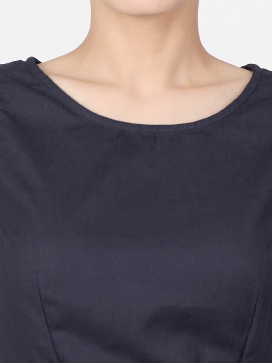 Women Navy Blue solid Cotton Ready To Wear Non Padded Saree Blouse