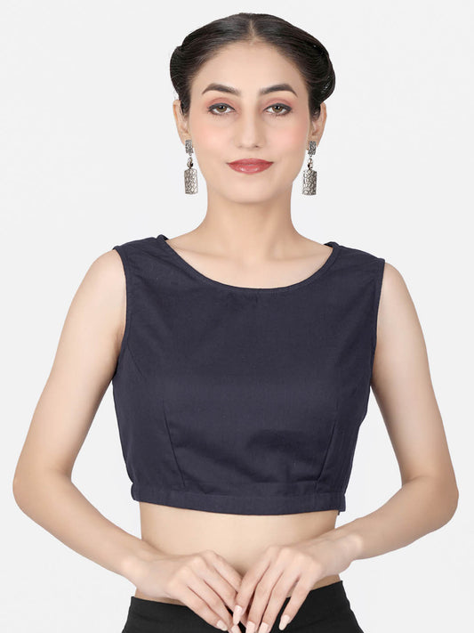 Women Navy Blue solid Cotton Ready To Wear Non Padded Saree Blouse