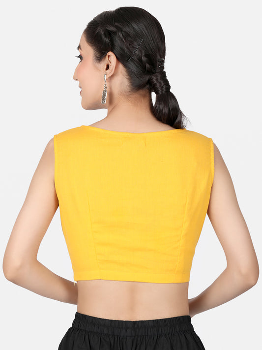 Yellow Solid Cotton Ready To Wear Saree Blouse
