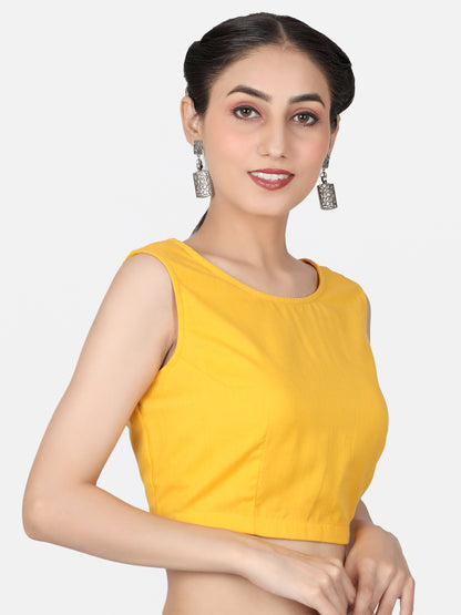Yellow Solid Cotton Ready To Wear Saree Blouse
