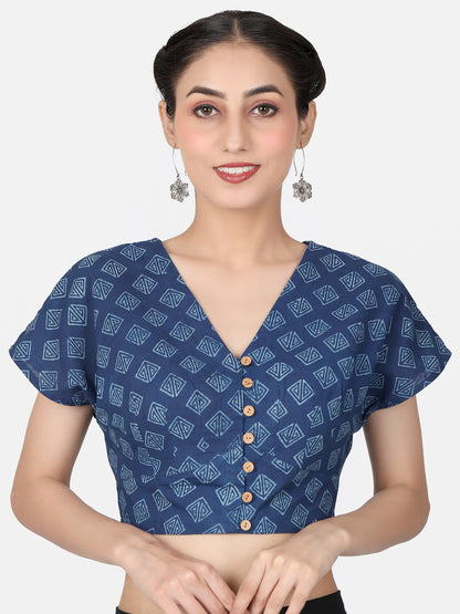 Indigo Block Printed Cotton Ready To Wear Saree Blouse