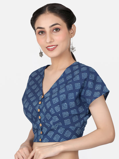 Indigo Block Printed Cotton Ready To Wear Saree Blouse