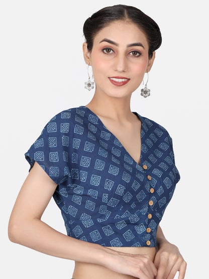 Indigo Block Printed Cotton Ready To Wear Saree Blouse