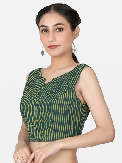 Green Striped Block Printed Cotton Ready To Wear  Saree Blouse