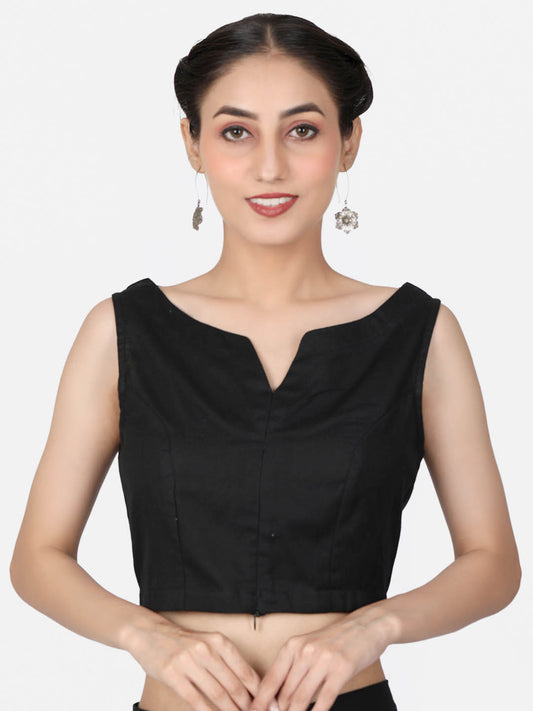 Women  Black Solid  Cotton Ready To Wear Non Padded Saree Blouse