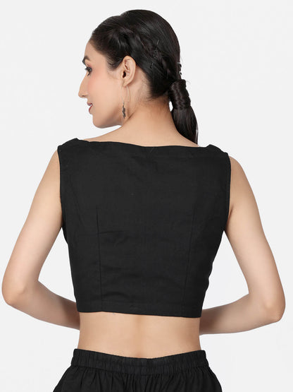 Women  Black Solid  Cotton Ready To Wear Non Padded Saree Blouse