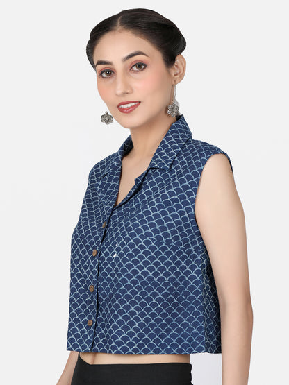 Blue Block Printed Cotton Ready To Wear Saree Blouse