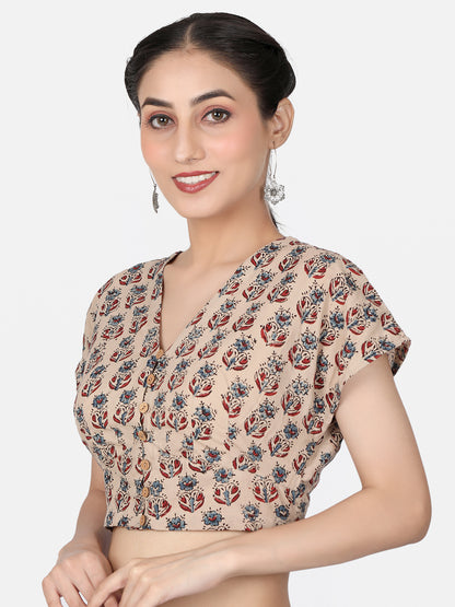 Off White Ajrakh  Cotton Ready To Wear Saree Blouse