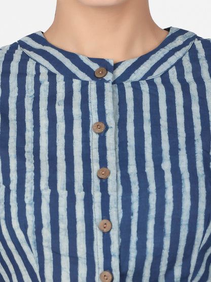 Women  Blue Striped Block Printed Cotton Ready To Wear Non Padded Saree Blouse