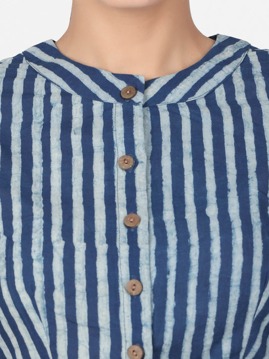 Women  Blue Striped Block Printed Cotton Ready To Wear Non Padded Saree Blouse