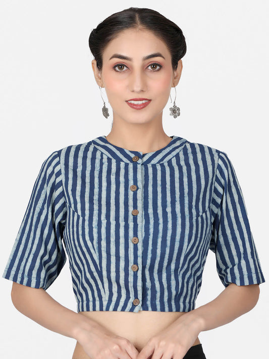 Women  Blue Striped Block Printed Cotton Ready To Wear Non Padded Saree Blouse