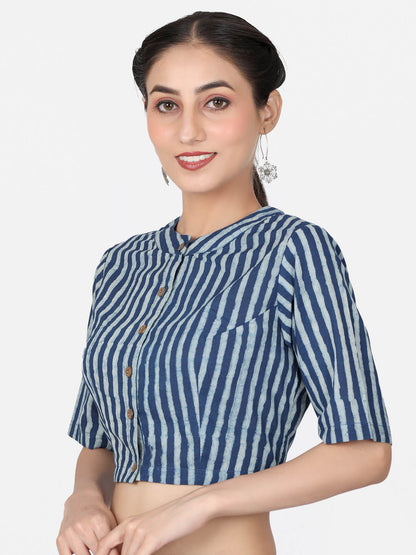 Women  Blue Striped Block Printed Cotton Ready To Wear Non Padded Saree Blouse