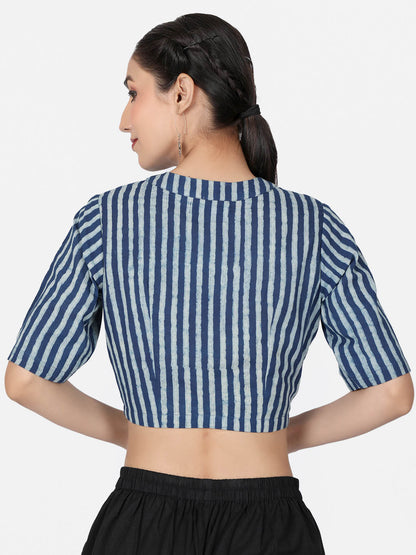 Women  Blue Striped Block Printed Cotton Ready To Wear Non Padded Saree Blouse