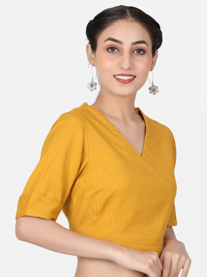 Mustard Solid Cotton Ready To Wear Saree Blouse