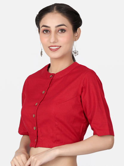 Red Solid Cotton Ready To Wear Saree Blouse