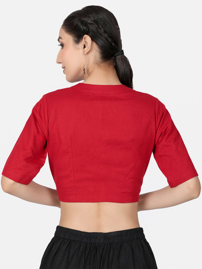 Red Solid Cotton Ready To Wear Saree Blouse