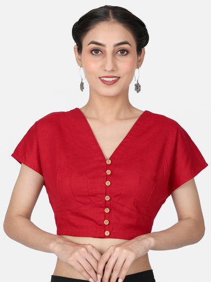 Red Solid Cotton Ready To Wear  Saree Blouse
