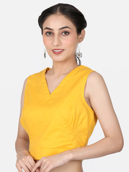 Women  Yellow solid Cotton Ready To Wear Non Padded Saree Blouse