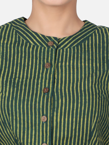 Women Green Striped Block Printed Cotton Ready To Wear Saree Blouse