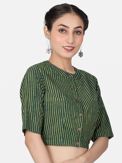 Women Green Striped Block Printed Cotton Ready To Wear Saree Blouse