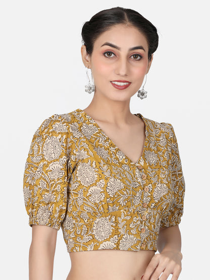 Mustard Block Printed Cotton Ready To Wear Saree Blouse