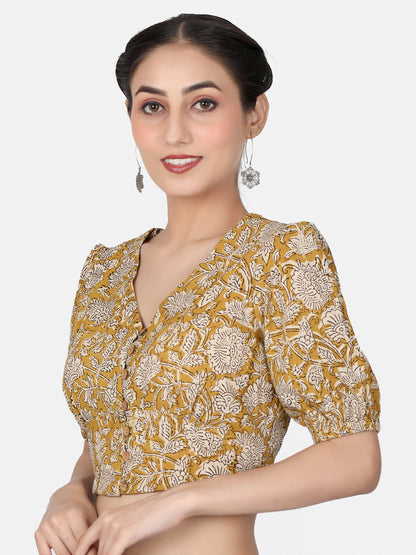 Mustard Block Printed Cotton Ready To Wear Saree Blouse