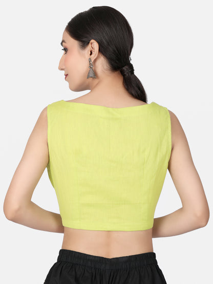Lime Green  Solid Cotton Ready To Wear Saree Blouse