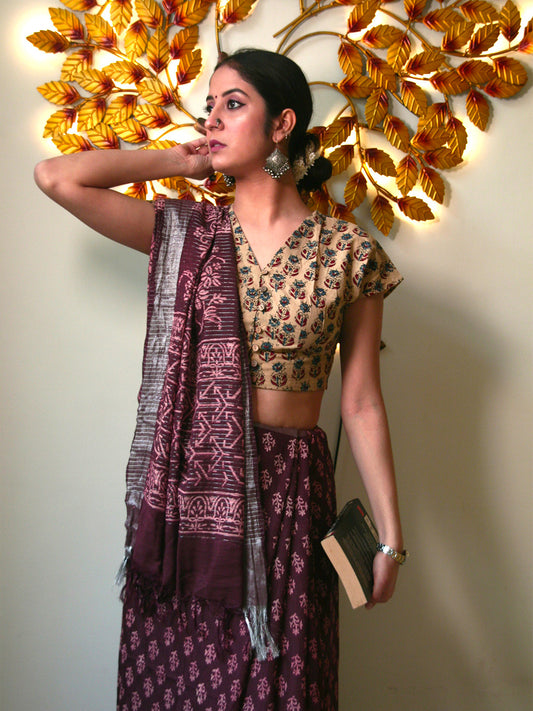 Block Printed Linen Saree