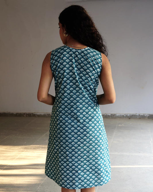 Teal Handblock Printed Dress