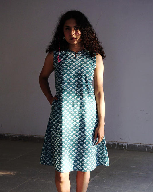 Teal Handblock Printed Dress