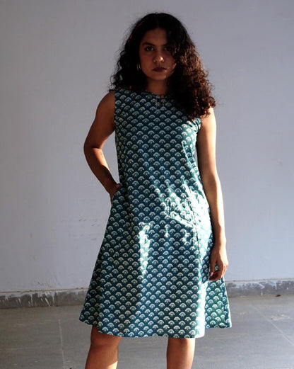 Teal Handblock Printed Dress