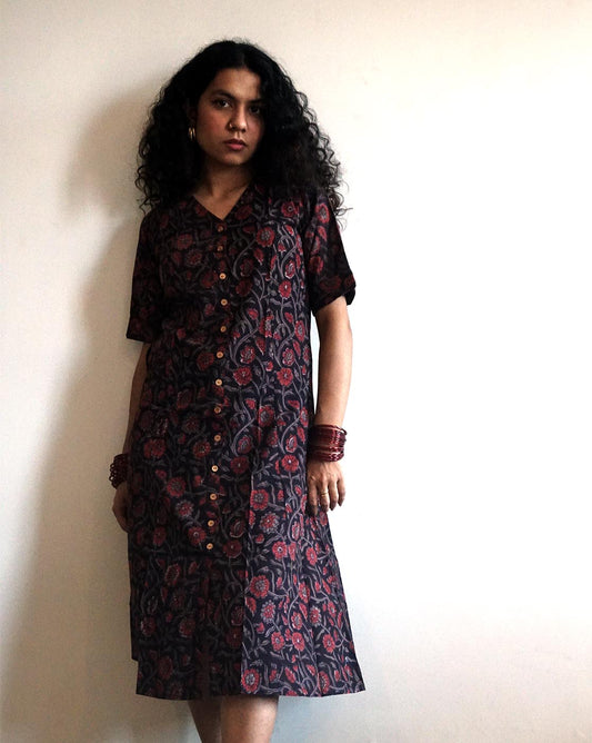 Black Floral Handblock dress