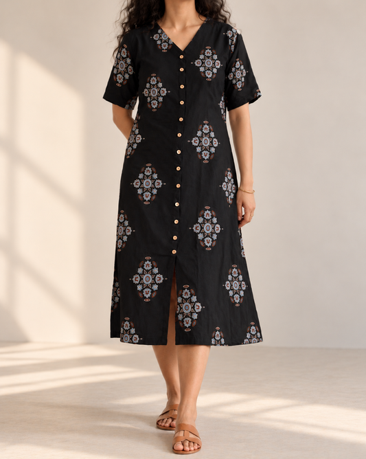Black Printed Button-Down Midi Dress