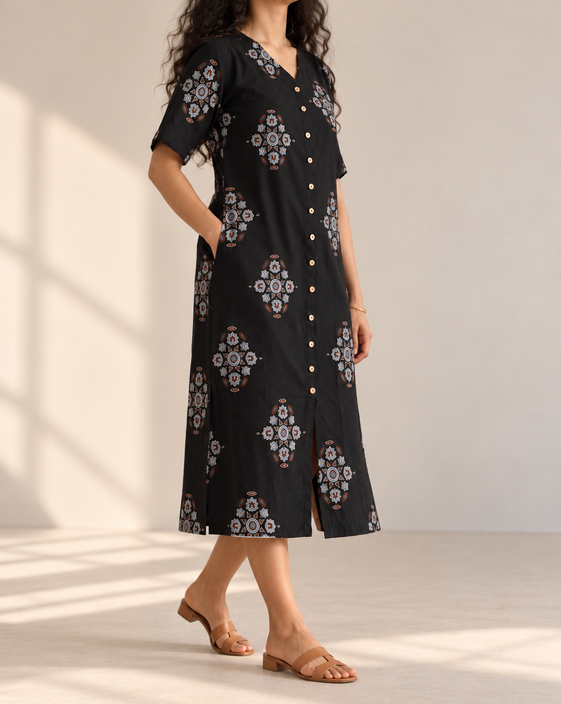 Black Printed Button-Down Midi Dress