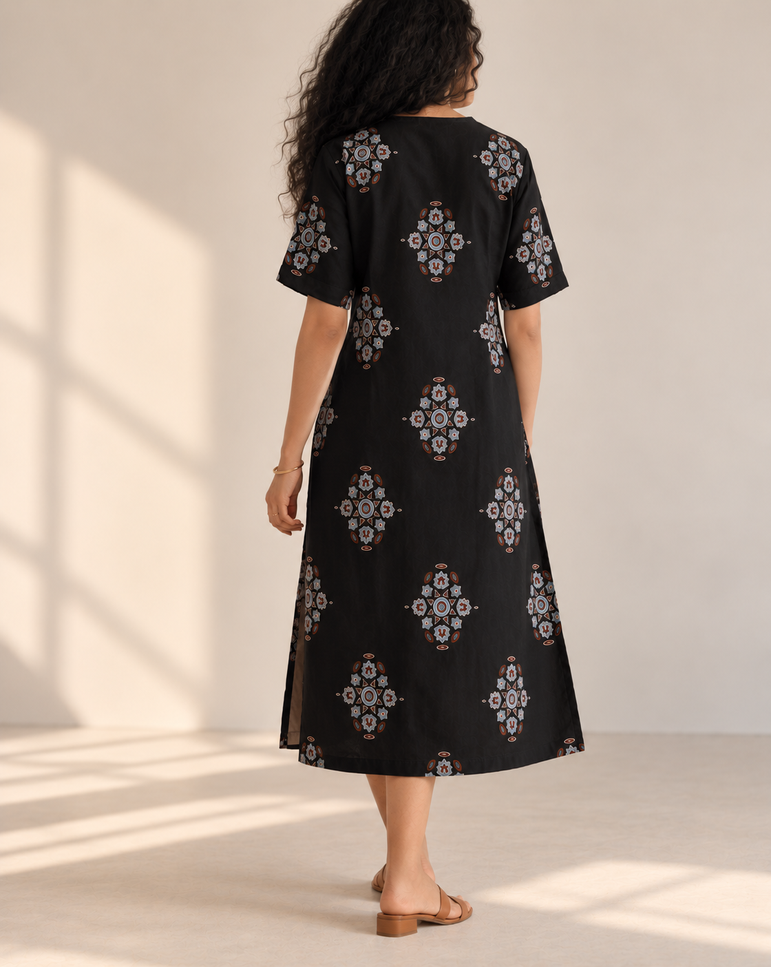Black Printed Button-Down Midi Dress